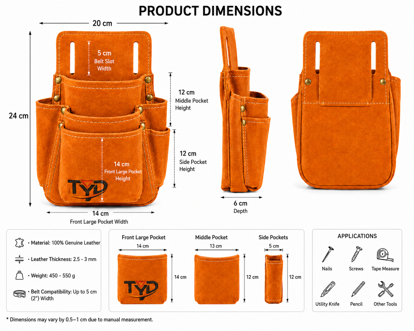 Genuine Leather Multi-Pocket Tool Bag – Belt Type for Workers, Carpenters, Electricians, and Construction Masters
