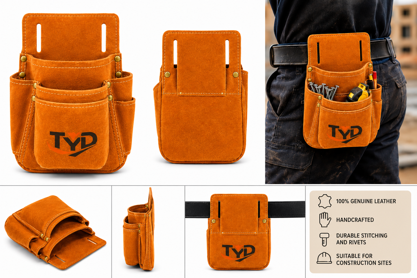 Genuine Leather Multi-Pocket Tool Bag – Belt Type for Workers, Carpenters, Electricians, and Construction Masters