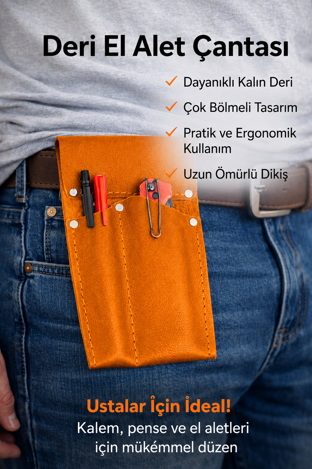 Hakiki Deri Kemer Tipi El Alet Çantası – Çok Gözlü Usta Bel Çantası, Tornavida Pense Kalem Taşıma Kılıfı