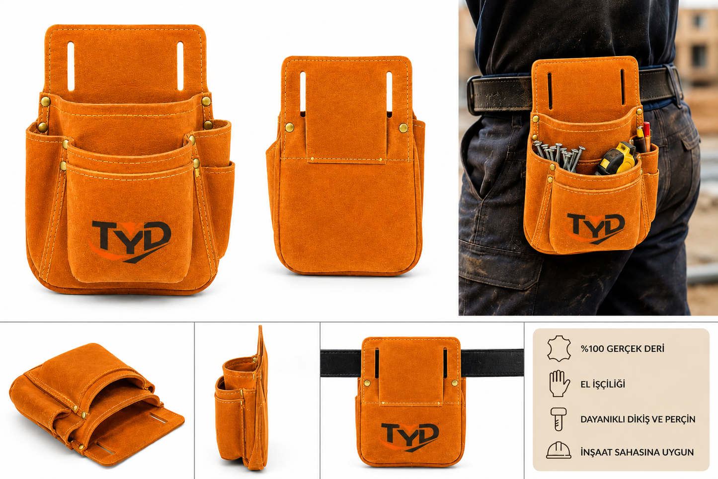 Genuine Leather Multi-Pocket Tool Bag – Belt Type for Workers, Carpenters, Electricians, and Construction Masters