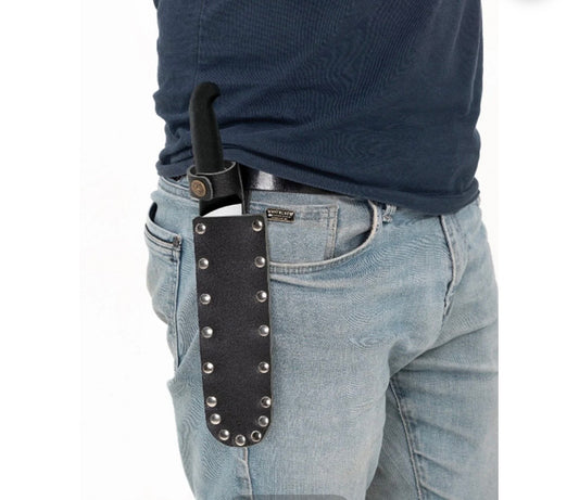 Kemer Tipi Deri Bıçak Kılıfı – Bel Askılı Bıçak Taşıma Kılıfı – Siyah Perçinli Bıçak Kını 18 cm